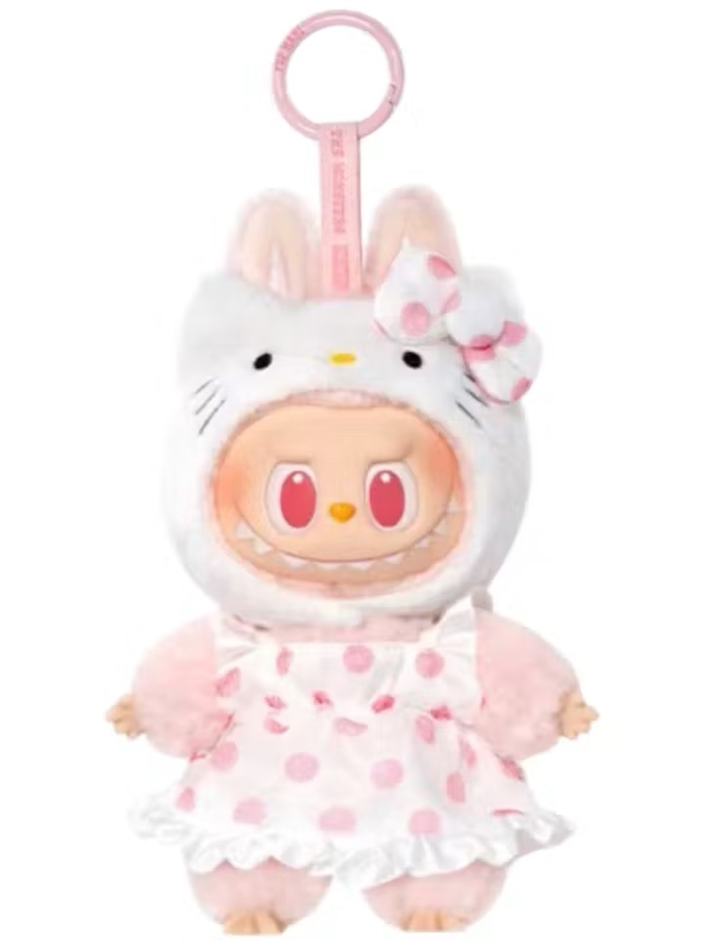 Pink Polka Dot Plush Keychain Doll with Bunny Hood